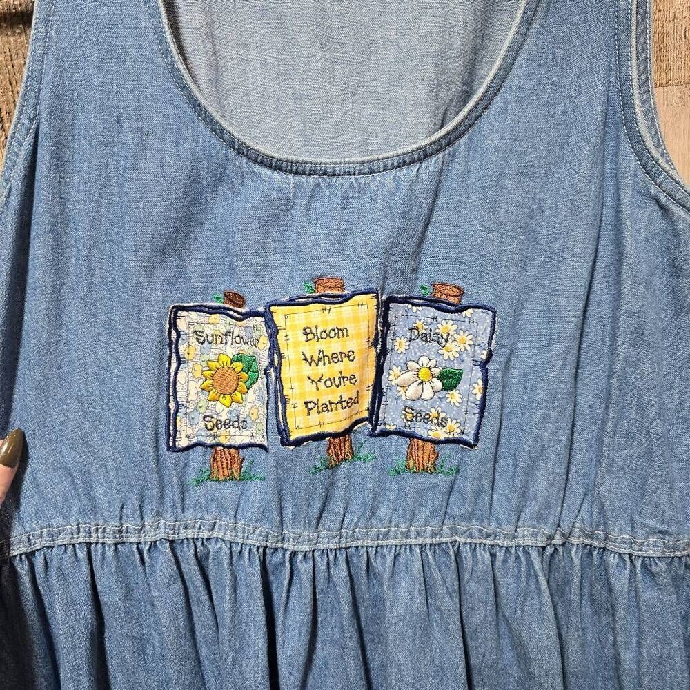 Winona Vintage 90s Blue Denim Jean Jumper Garden Floral Patch Dress Small Cottag - Picture 2 of 5